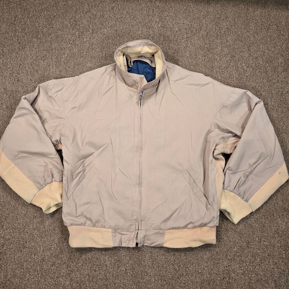 Vintage Mighty-Mac Harrington Bomber Jacket Mens 42 Beige Tan Full Zip Ribbed